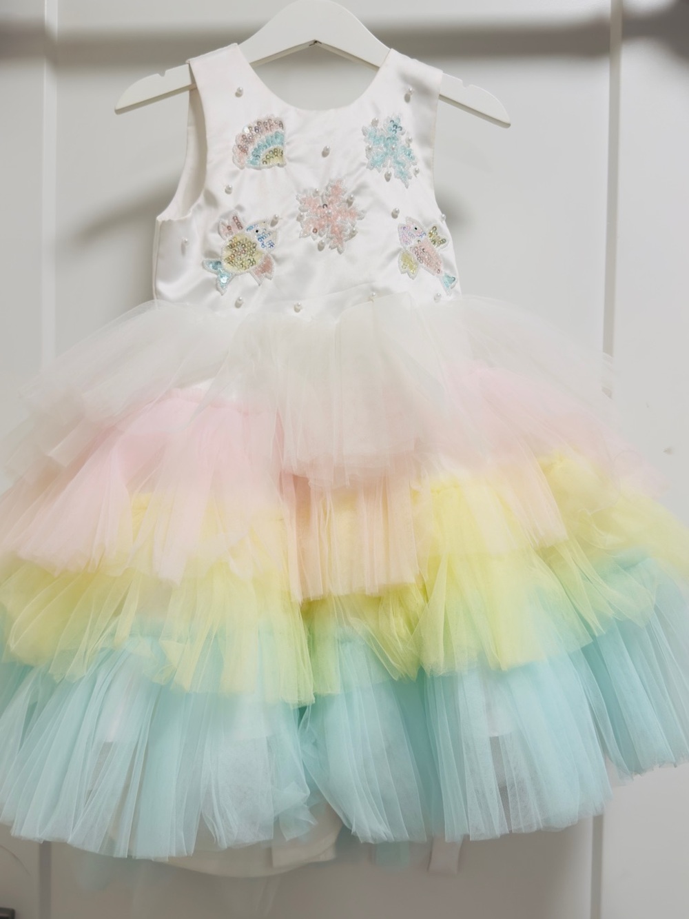 Girls Pastel Rainbow Tulle Party Dress - White with Pastel Pink, Yellow & Blue